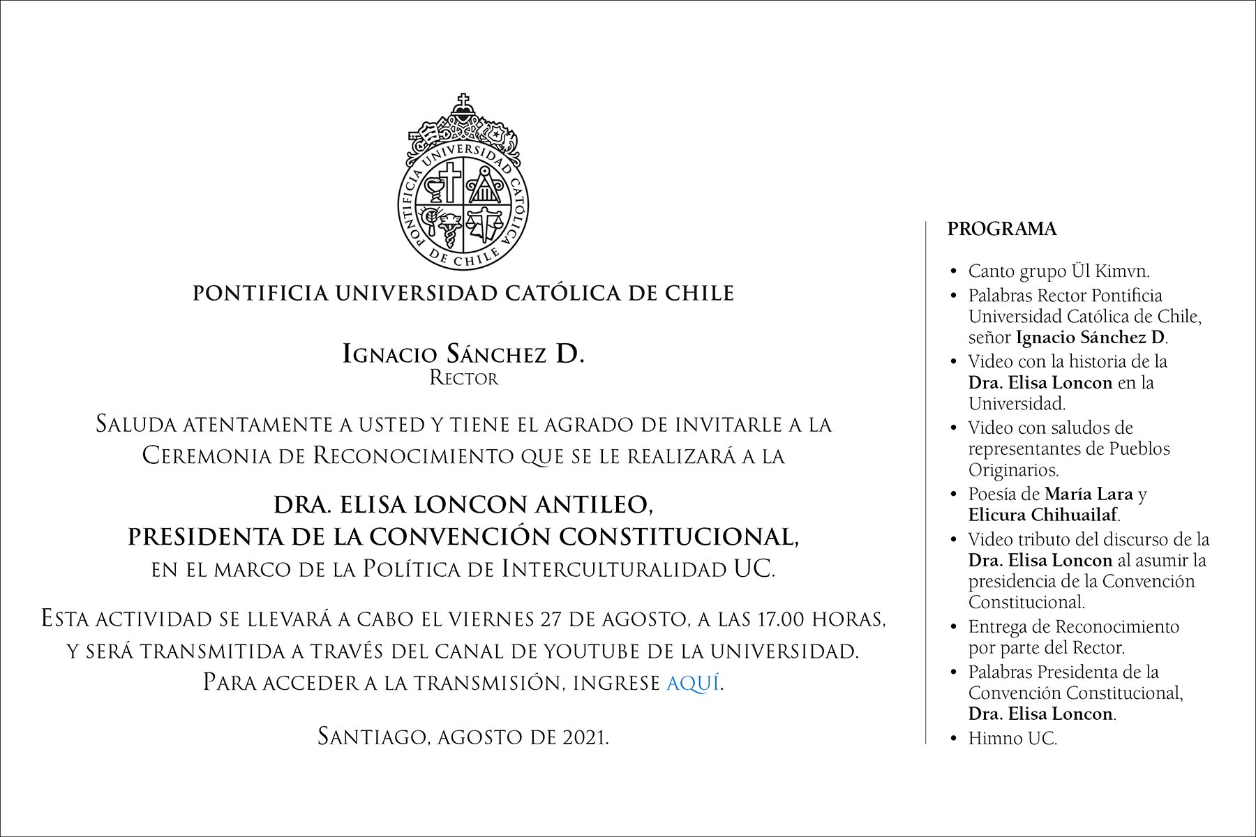 Pontificia Universidad Católica de Chile organiza ceremonia de reconocimiento para la presidenta de la Convención Constitucional